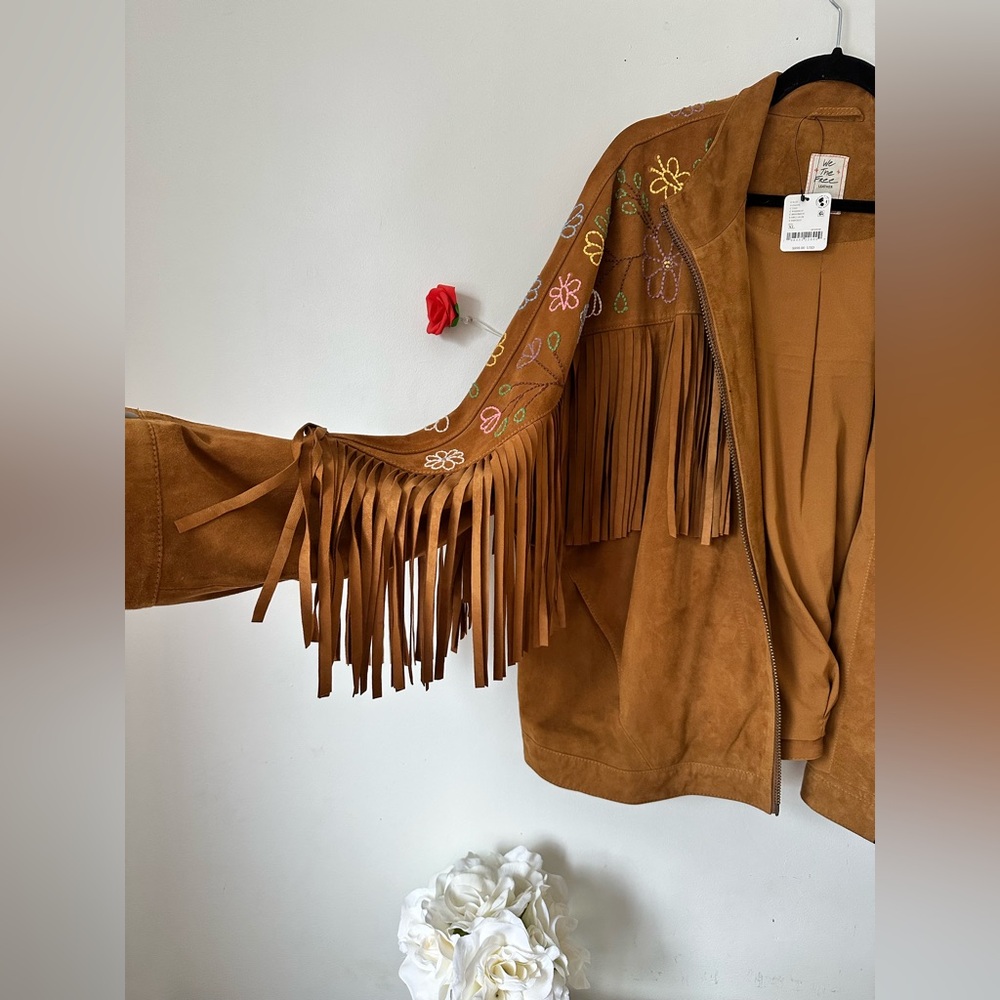Free People Willa Western Bomber Brown Leather Jacket Fringe Embroidery L XL - Picture 9 of 11
